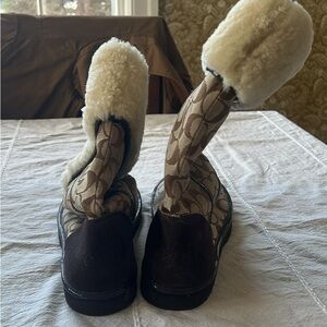 Brown and Cream Shearling Coach Boots